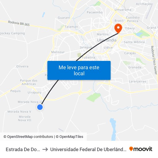 Estrada De Douradinho, to Universidade Federal De Uberlândia - Campus Educa map