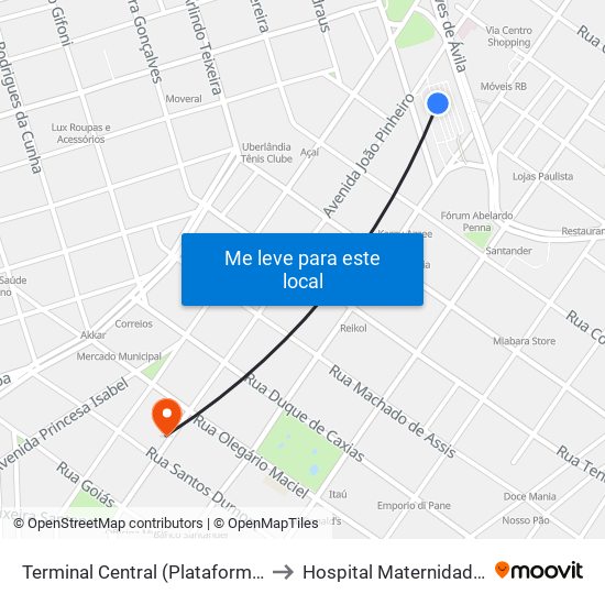 Terminal Central (Plataforma C2 - Vermelho) to Hospital Maternidade Santa Clara map