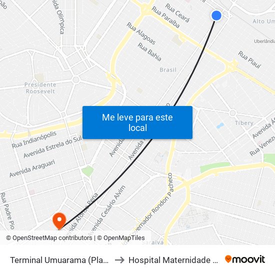 Terminal Umuarama (Plataforma A1) to Hospital Maternidade Santa Clara map