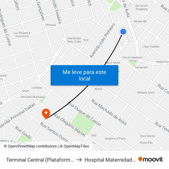 Terminal Central (Plataforma C1 - Vermelho) to Hospital Maternidade Santa Clara map