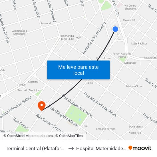 Terminal Central (Plataforma D1 - Verde) to Hospital Maternidade Santa Clara map