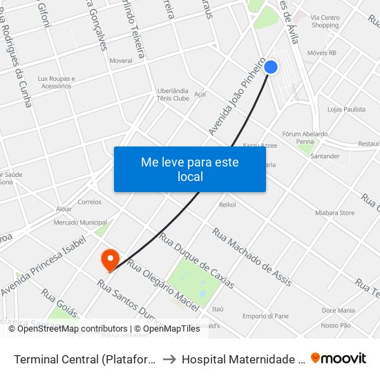 Terminal Central (Plataforma A2 - Azul) to Hospital Maternidade Santa Clara map