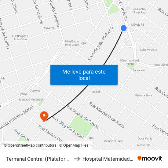 Terminal Central (Plataforma E2 - Laranja) to Hospital Maternidade Santa Clara map