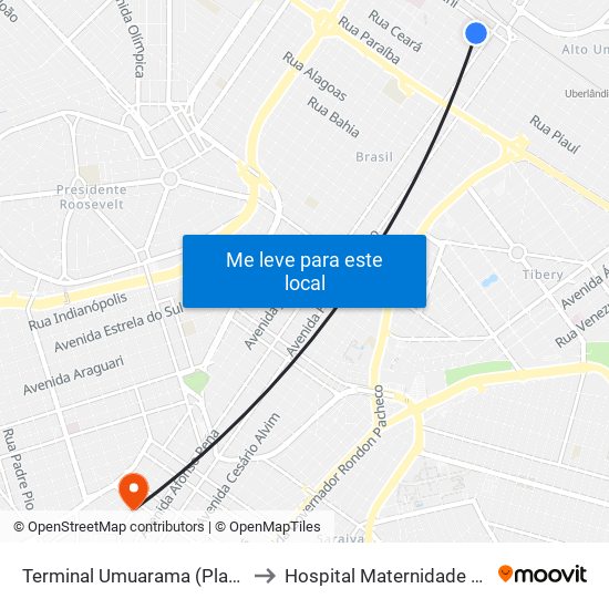 Terminal Umuarama (Plataforma A2) to Hospital Maternidade Santa Clara map