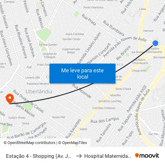 Estação 4 - Shopping (Av. João Naves De Ávila) to Hospital Maternidade Santa Clara map