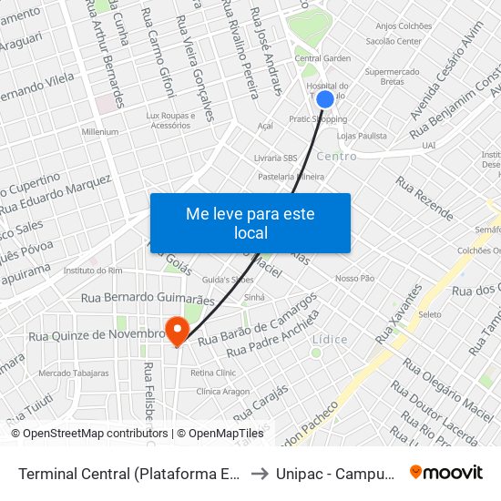 Terminal Central (Plataforma E2 - Laranja) to Unipac - Campus Gama map