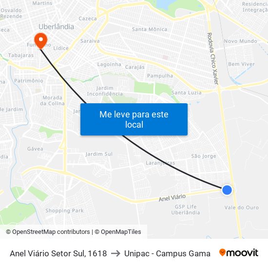 Anel Viário Setor Sul, 1618 to Unipac - Campus Gama map