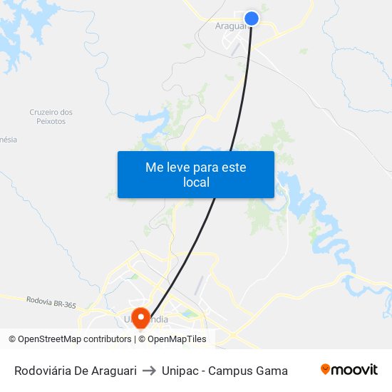 Rodoviária De Araguari to Unipac - Campus Gama map