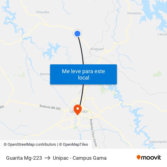 Guarita Mg-223 to Unipac - Campus Gama map