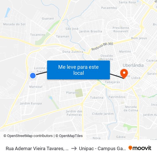 Rua Ademar Vieira Tavares, 140 to Unipac - Campus Gama map