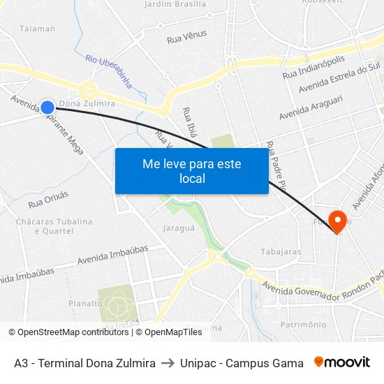 A3 - Terminal Dona Zulmira to Unipac - Campus Gama map