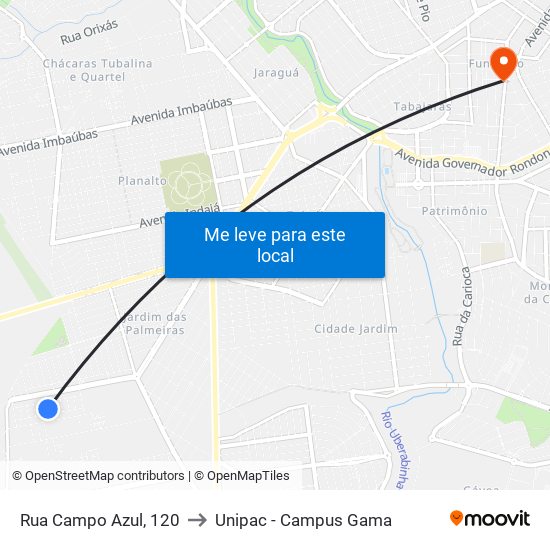 Rua Campo Azul, 120 to Unipac - Campus Gama map