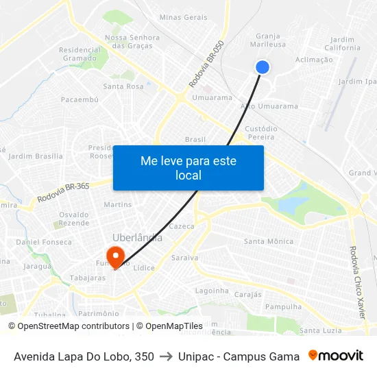 Avenida Lapa Do Lobo, 350 to Unipac - Campus Gama map