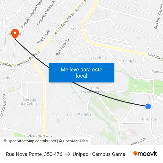 Rua Nova Ponte, 350-476 to Unipac - Campus Gama map