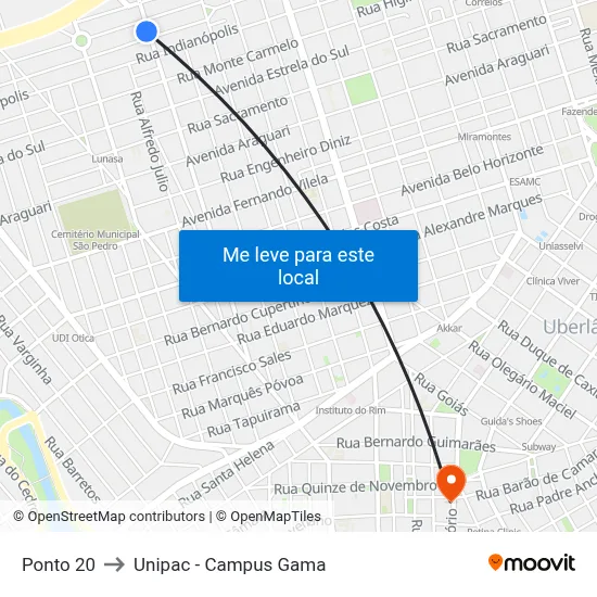 Ponto 20 to Unipac - Campus Gama map