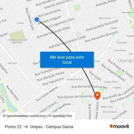 Ponto 22 to Unipac - Campus Gama map