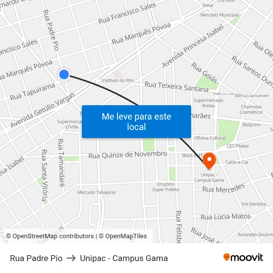 Rua Padre Pio to Unipac - Campus Gama map