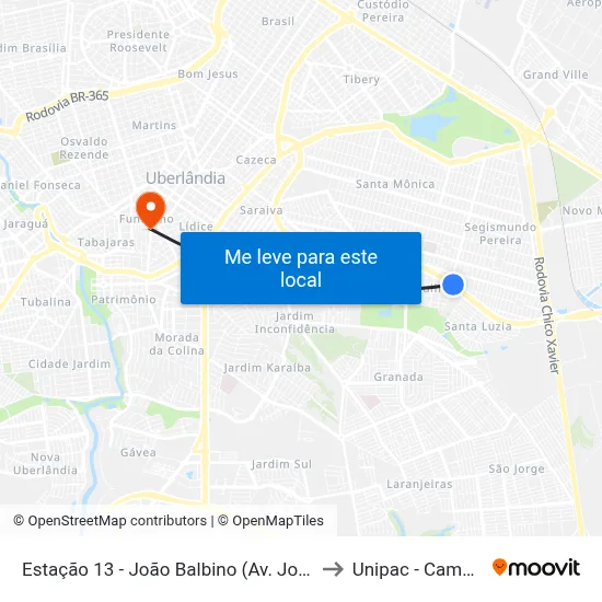 Estação 13 - João Balbino (Av. João Naves De Ávila) to Unipac - Campus Gama map