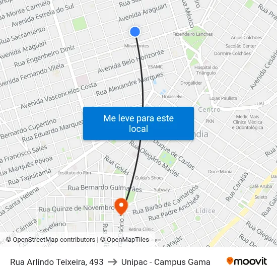 Rua Arlíndo Teixeira, 493 to Unipac - Campus Gama map