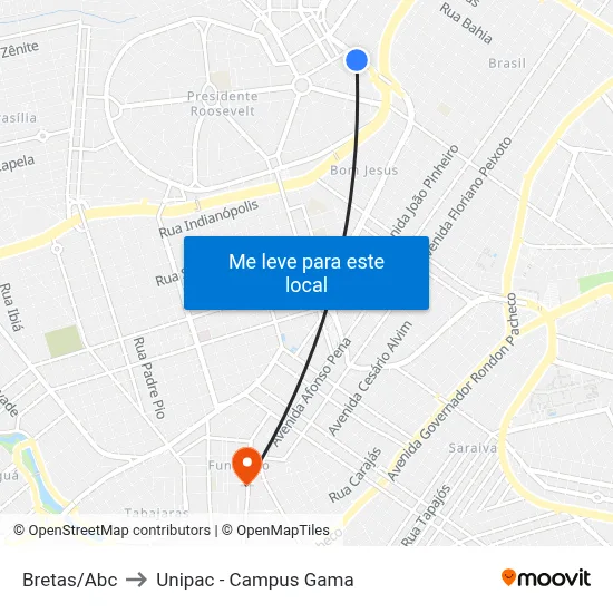 Bretas/Abc to Unipac - Campus Gama map