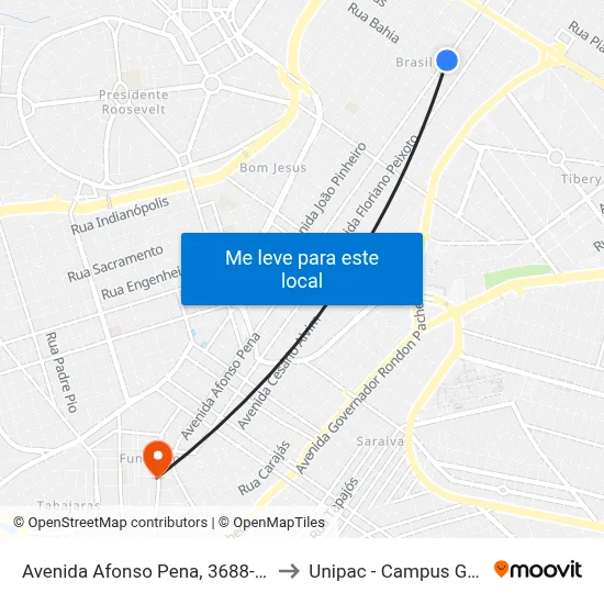 Avenida Afonso Pena, 3688-3736 to Unipac - Campus Gama map