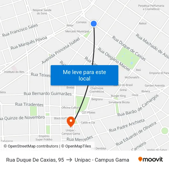Rua Duque De Caxias, 95 to Unipac - Campus Gama map