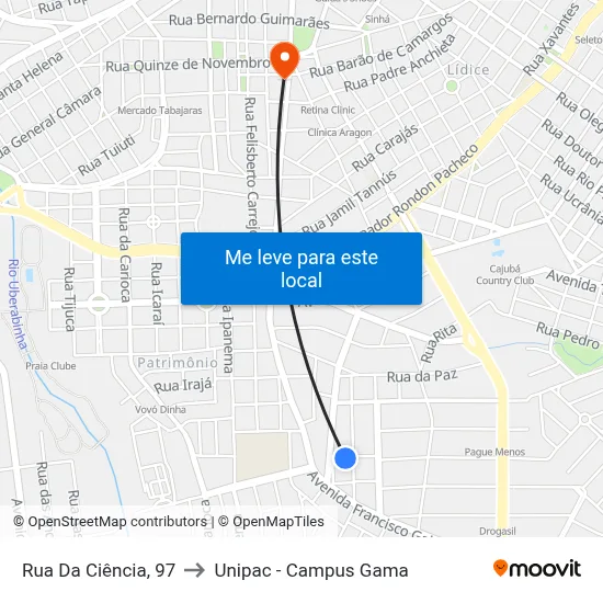Rua Da Ciência, 97 to Unipac - Campus Gama map