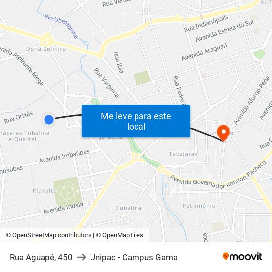 Rua Aguapé, 450 to Unipac - Campus Gama map