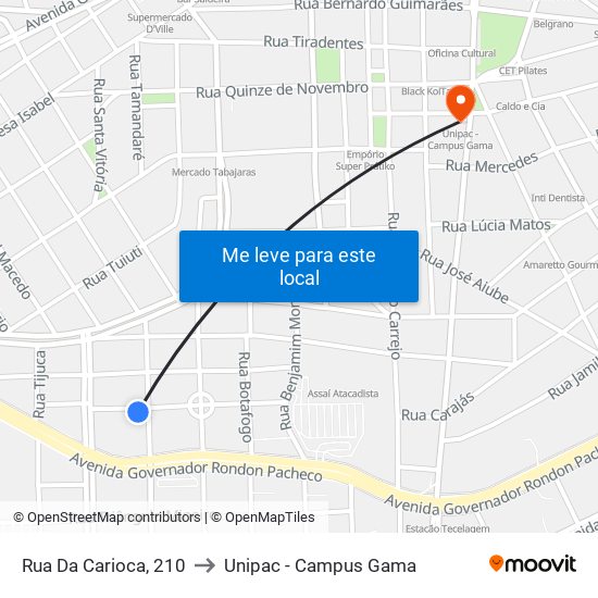 Rua Da Carioca, 210 to Unipac - Campus Gama map