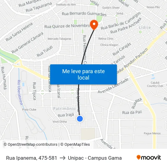 Rua Ipanema, 475-581 to Unipac - Campus Gama map