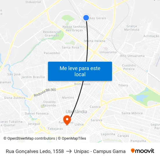 Rua Gonçalves Ledo, 1558 to Unipac - Campus Gama map