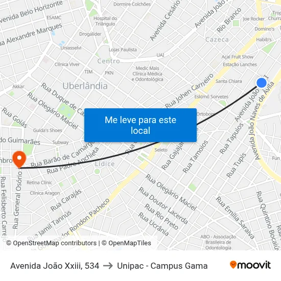 Avenida João Xxiii, 534 to Unipac - Campus Gama map