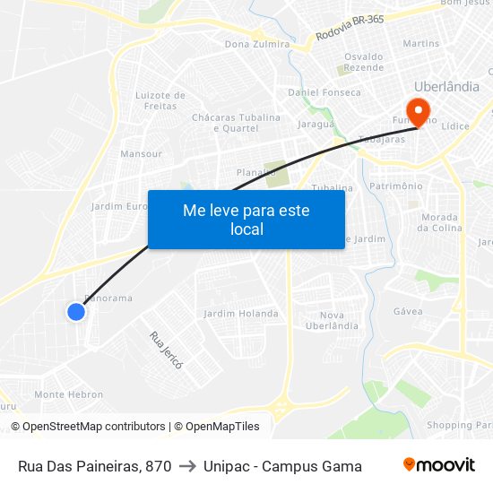 Rua Das Paineiras, 870 to Unipac - Campus Gama map