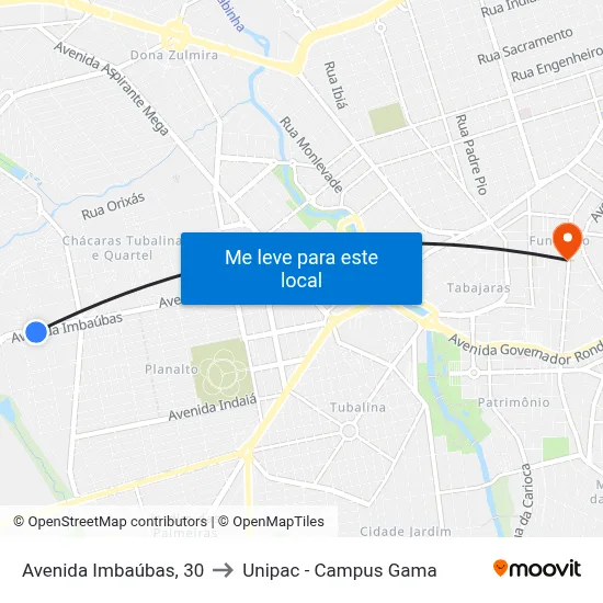 Avenida Imbaúbas, 30 to Unipac - Campus Gama map