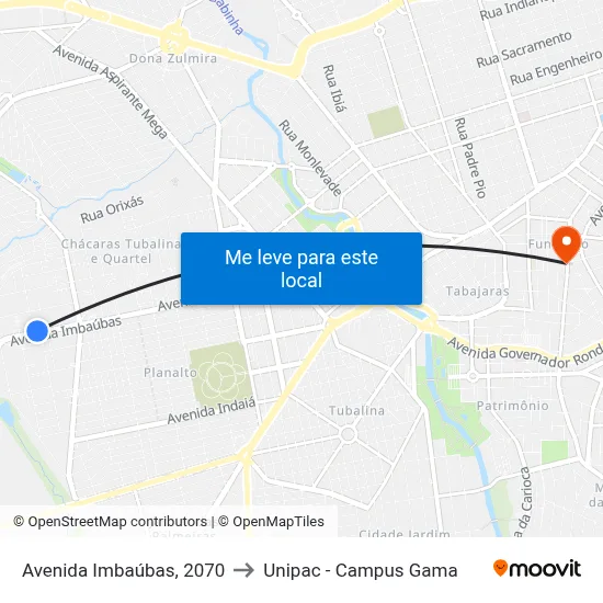 Avenida Imbaúbas, 2070 to Unipac - Campus Gama map
