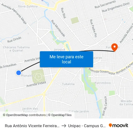Rua Antônio Vicente Ferreira, 916 to Unipac - Campus Gama map