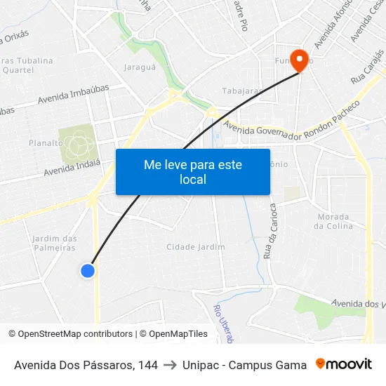 Avenida Dos Pássaros, 144 to Unipac - Campus Gama map