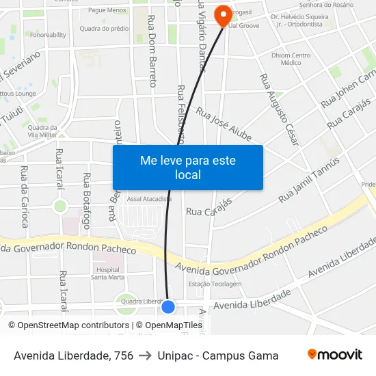 Avenida Liberdade, 756 to Unipac - Campus Gama map