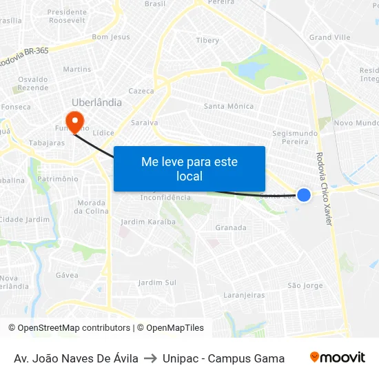 Av. João Naves De Ávila to Unipac - Campus Gama map