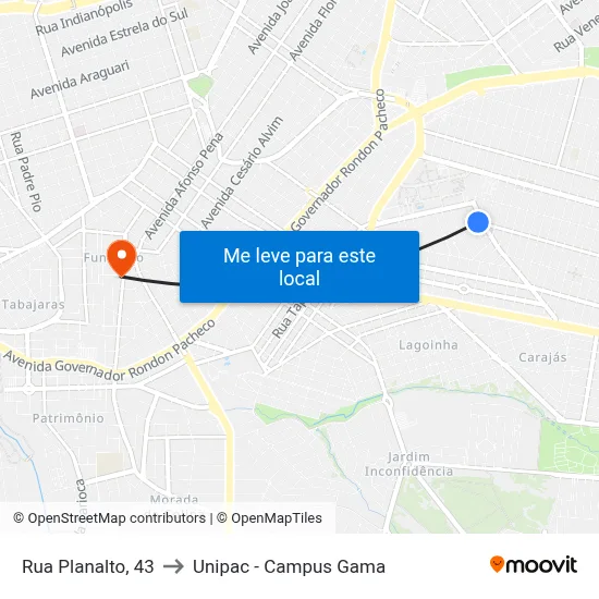 Rua Planalto, 43 to Unipac - Campus Gama map