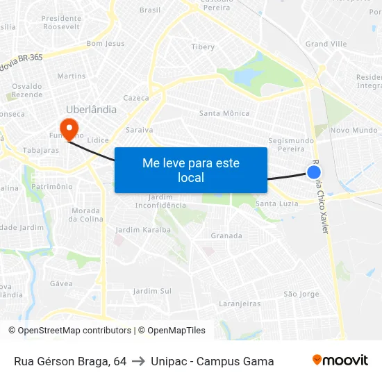 Rua Gérson Braga, 64 to Unipac - Campus Gama map