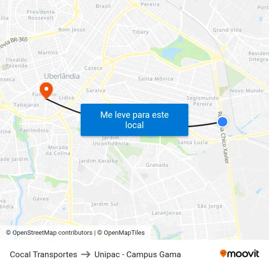 Cocal Transportes to Unipac - Campus Gama map
