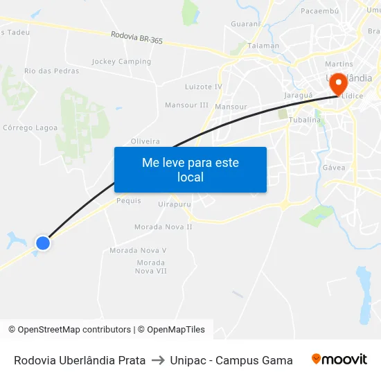 Rodovia Uberlândia Prata to Unipac - Campus Gama map