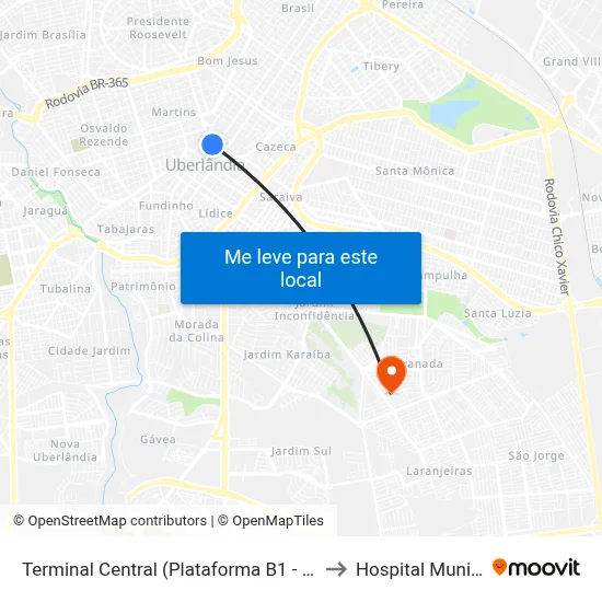Terminal Central (Plataforma B1 - Amarelo) to Hospital Municipal map