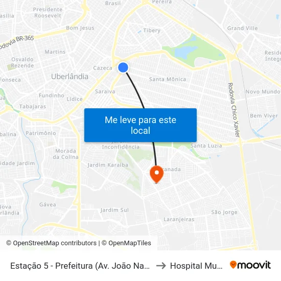 Estação 5 - Prefeitura (Av. João Naves De Ávila) to Hospital Municipal map