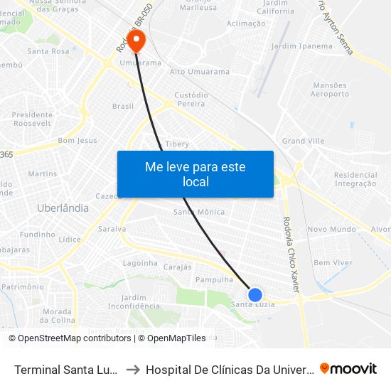 Terminal Santa Luzia (Plataforma A2) to Hospital De Clínicas Da Universidade Federal De Uberlândia map