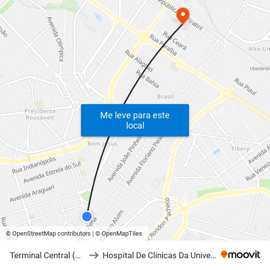 Terminal Central (Plataforma A2 - Azul) to Hospital De Clínicas Da Universidade Federal De Uberlândia map
