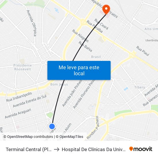 Terminal Central (Plataforma E2 - Laranja) to Hospital De Clínicas Da Universidade Federal De Uberlândia map