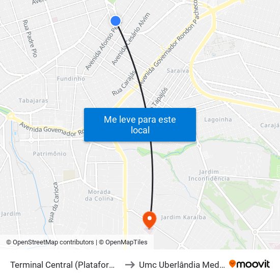 Terminal Central (Plataforma D1 - Verde) to Umc Uberlândia Medical Center map