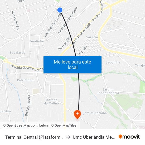 Terminal Central (Plataforma E2 - Laranja) to Umc Uberlândia Medical Center map